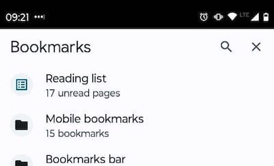 Google Chrome Reading shown in menu on an Android phone