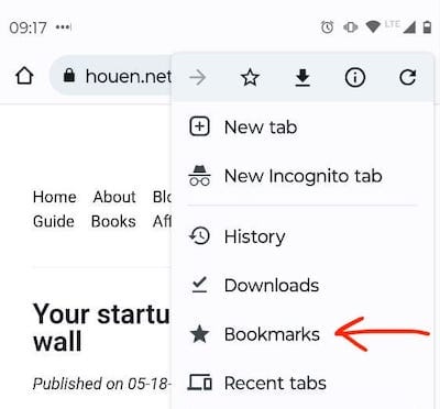 Google Chrome Reading shown in menu on an Android phone