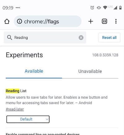 Google Chrome Reading shown in menu on an Android phone